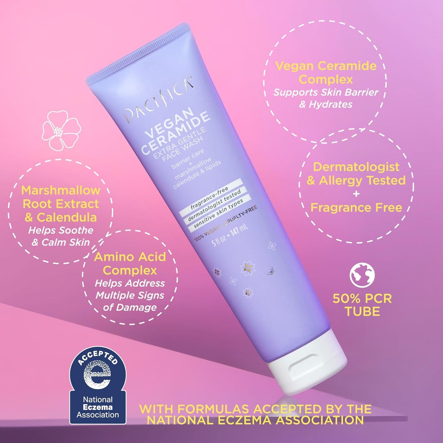 Pacifica Face Wash for Sensitive Skin Facial Cleanser Vegan Ceramide Barrier Repair Extra Gentle for Daily Fragrance Free for Sensitive Skin, Clean Beauty, Vegan & Cruelty-Free Dermatologist Tested-FemmiqueWomen