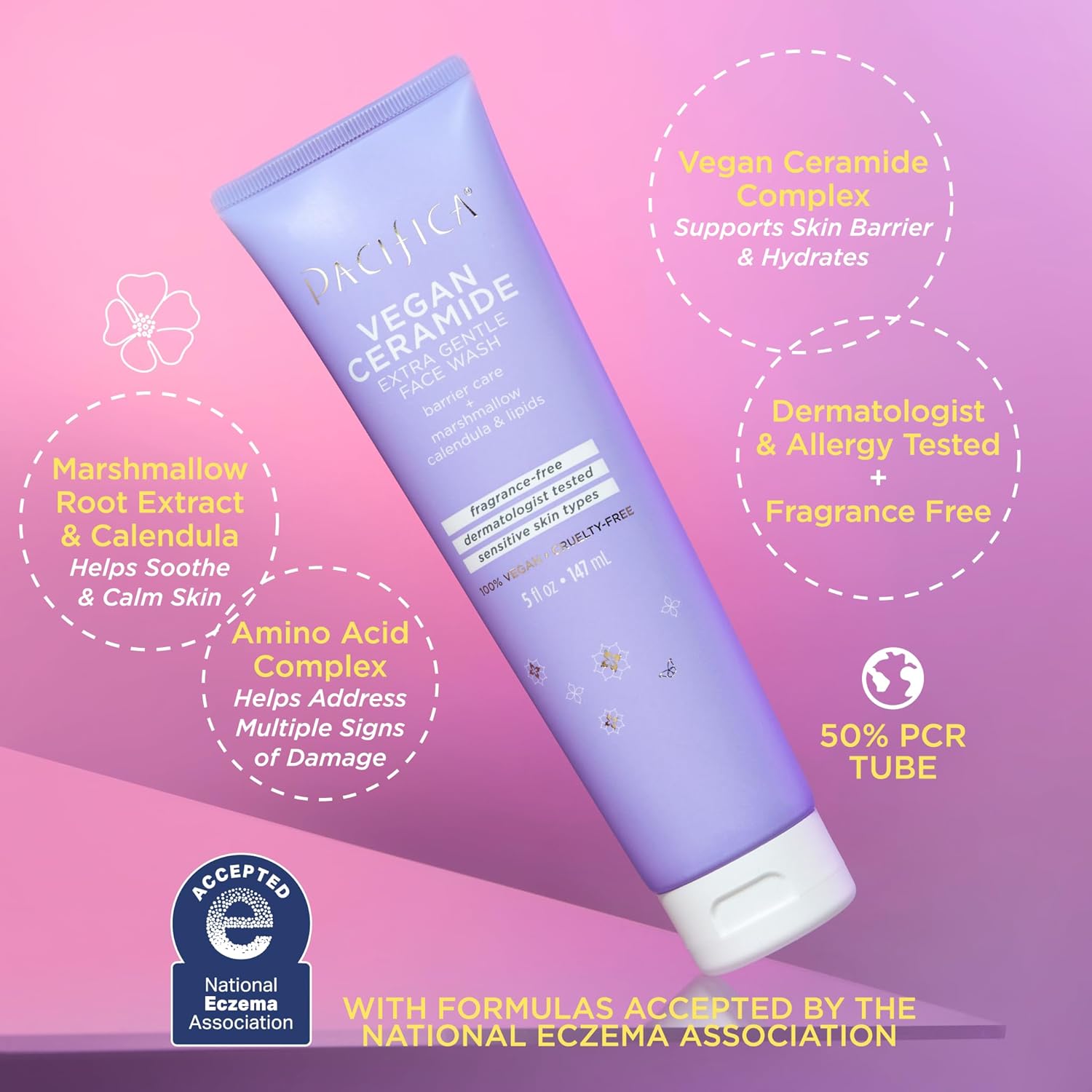 Pacifica Face Wash for Sensitive Skin Facial Cleanser Vegan Ceramide Barrier Repair Extra Gentle for Daily Fragrance Free for Sensitive Skin, Clean Beauty, Vegan & Cruelty-Free Dermatologist Tested-FemmiqueWomen