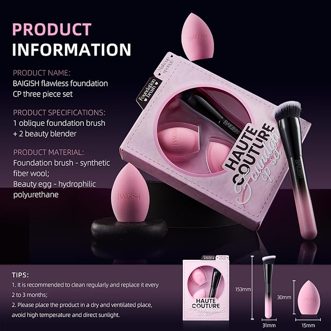 Makeup Brush Set, Flat Top Kabuki Brush Premium Foundation Brush for Liquid, Cream, and Powder with 2 Makeup Sponge for Foundation, Powder, Blush, and Concealer-FemmiqueWomen