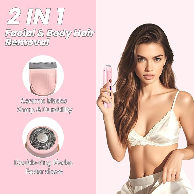 2025 Upgraded Dermave Bikini Shaver - 2 in 1 Bikini Trimmer for Women with LCD Display, Dual Head Cordless Electric Shaver, IPX7 Waterproof Wet/Dry Body Hair Trimmer for Face, Body & Intimate Areas-FemmiqueWomen