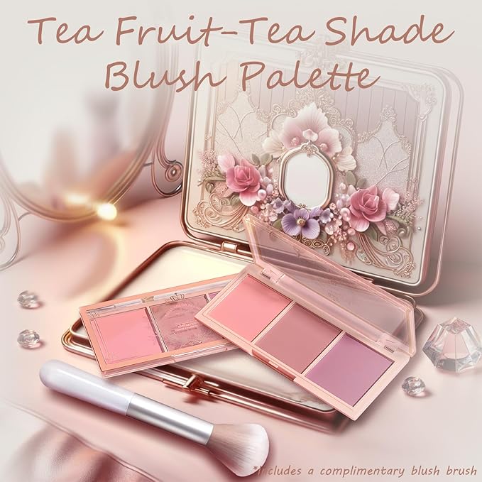 3 Color Matte Pink Blush Palette with Brush, Long Lasting Cheek Makeup, Light and Smooth Blush Powder for Face Beauty-FemmiqueWomen