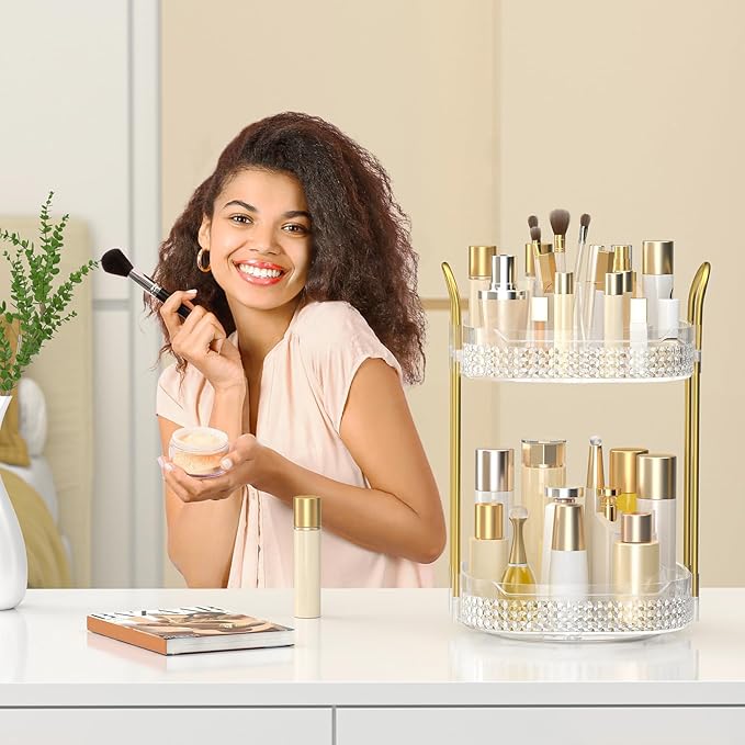 360 Rotating Makeup Organizer 2 Tier, Large Skincare Clear Make Up Storage Spinning Perfume Organizers for Bathroom Counter Dresser, White-FemmiqueWomen