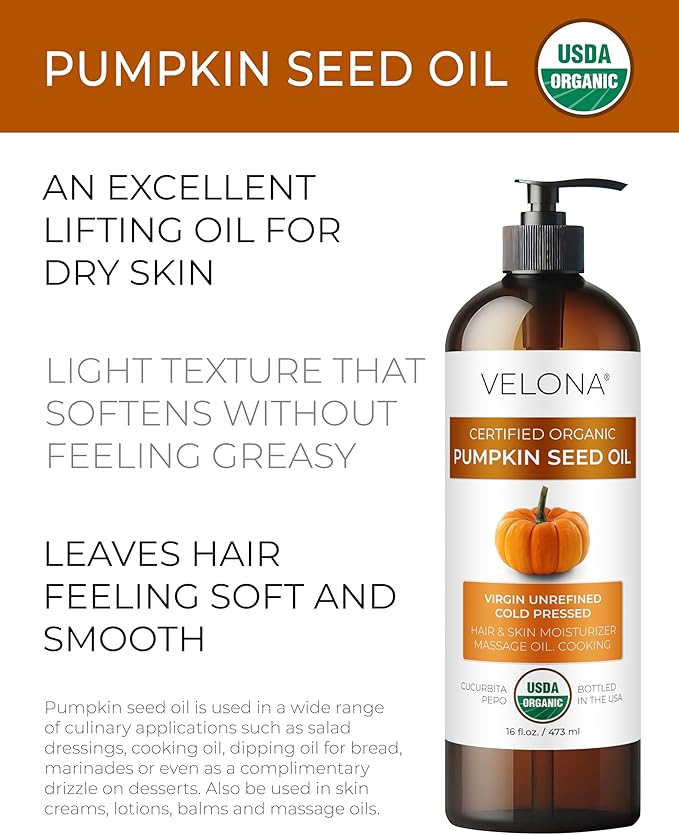 velona Pumpkin Seed Oil USDA Certified Organic - 16 Fl Oz | 100% Pure and Natural Carrier Oil | Unrefined, Cold Pressed | Cooking, Face, Hair, Body & Skin Care | Use Today - Enjoy Result-FemmiqueWomen