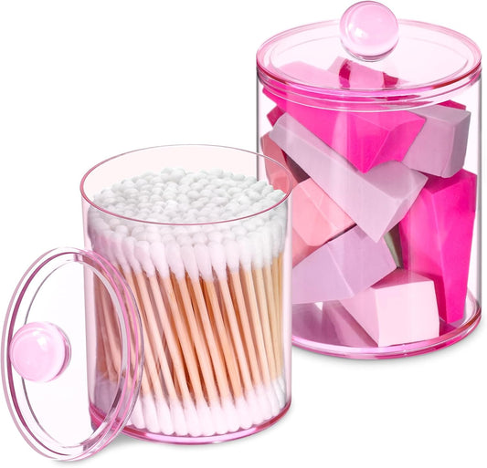 2 Pack Qtip Holder,Canister Apothecary Jar Set, Bathroom Jars with Lids Set for Cotton Swabs, Balls, Pads, Floss Picks,10oz-12oz Plastic Canisters Restroom Bedroom Vanity Organizer(Pink)-FemmiqueWomen