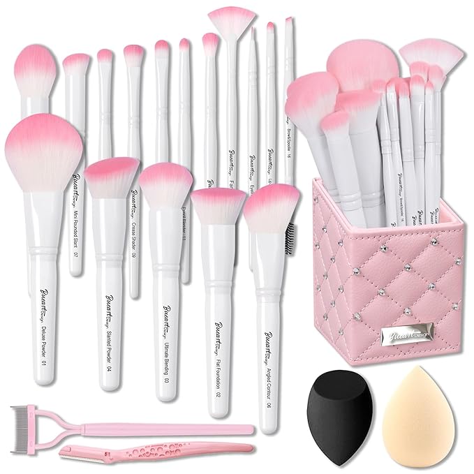 Bueart Design 16Pcs ULTRA SOFT labeled Makeup Brushes set with brush Holder face brush for Foundation Powder Blending Blush wooden Handle(16Pcs White+Pink Holder)-FemmiqueWomen