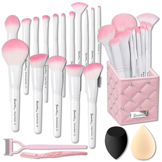 Bueart Design 16Pcs ULTRA SOFT labeled Makeup Brushes set with brush Holder face brush for Foundation Powder Blending Blush wooden Handle(16Pcs White+Pink Holder)-FemmiqueWomen