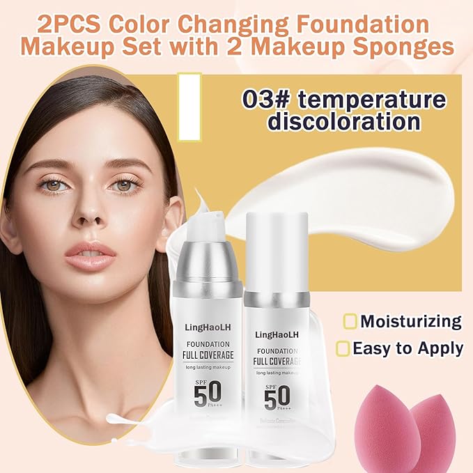 2PCS Color Changing Foundation Makeup Set with 2 Makeup Sponges,Moisturizing Full Coverage Liquid Foundation for Women,Non-greasy Long Lasting Flawless Concealer Cream Makeup Foundation Set-FemmiqueWomen