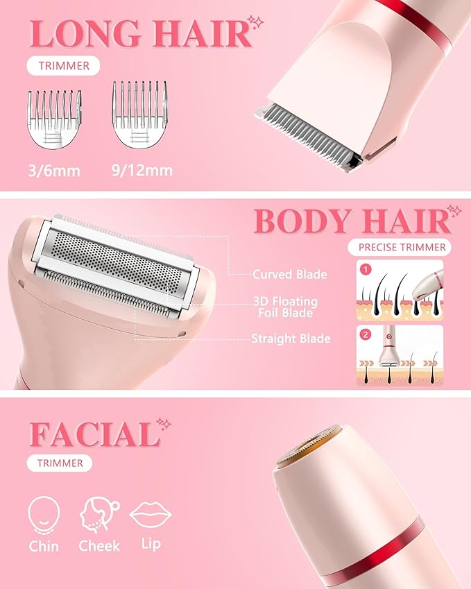 3-in-1 Bikini Trimmer for Women, Electric Razors Shaver for Public Hair - Rechargeable Body Hair Trimmer, Portable Detachable Removal Kit, lPX7 Waterproof Lightweight with LED Display, Gift for Women-FemmiqueWomen