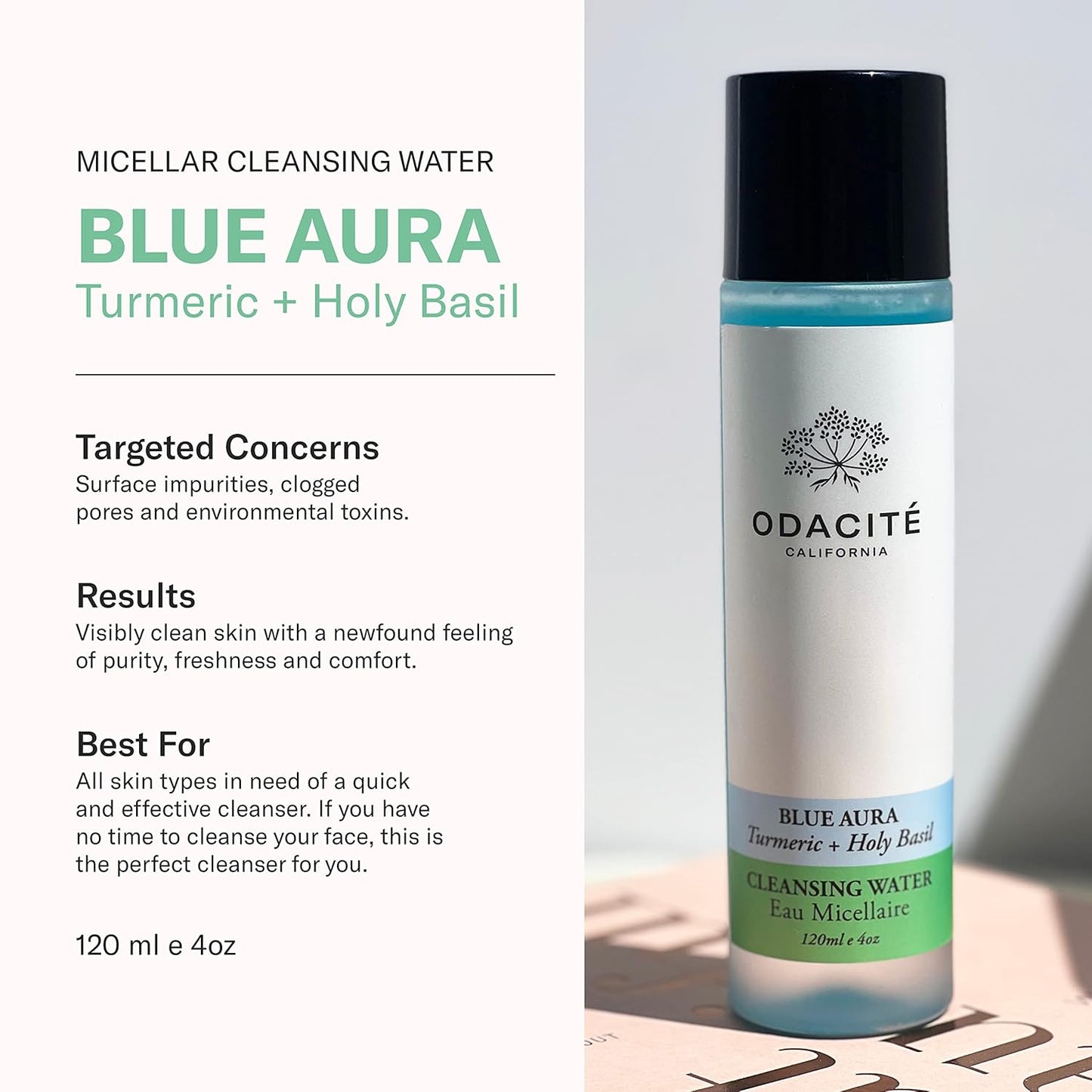 ODACITE Odacité Facial Cleanser with Foam - Blue Aura Cleansing Water Facial Wash with Neem, Holy Basil & Turmeric - No-Rinse Micellar Water Removes Pollution, Impurities & Makeup, 4.0 fl. Oz-FemmiqueWomen