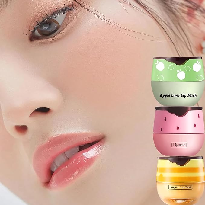 3 PCS Bee Lip Balm Lip Mask Honey Pot, Honey & Strawberry & Apple Lime Lip Mask Overnight Propolis Moisturizing Lip Balm with Stick,Hydrating Repair Lip Sleeping Mask,Prevention Dry and Cracked-FemmiqueWomen