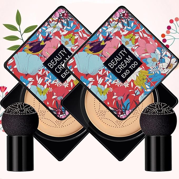 2 Pack Beauty Cream EXO TOO Foundation, Beauty Cream Makeup Base, Moisturizing, Long Lasting Matte Air Cushion CC Cream Concealer with Two Mushroom Head Sponges-FemmiqueWomen