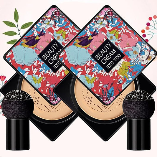 2 Pack Beauty Cream EXO TOO Foundation, Beauty Cream Makeup Base, Moisturizing, Long Lasting Matte Air Cushion CC Cream Concealer with Two Mushroom Head Sponges-FemmiqueWomen
