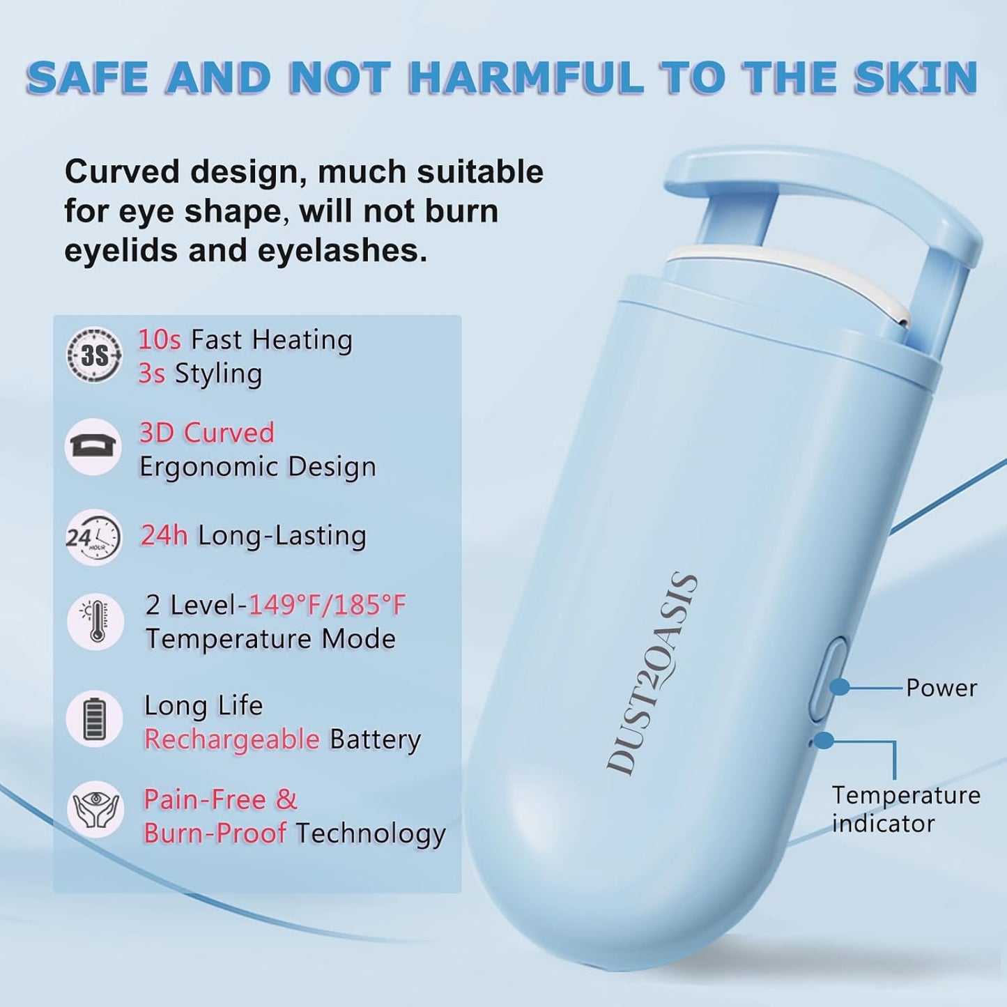 Heated Eyelash Curler - Wide Open Dual-Arc Design Heated Lash Curler - Electric Eyelash Curler - Type-C Rechargeable Mini Lash Curler Natural Curling 24H Long Lasting for Women - Blue-FemmiqueWomen