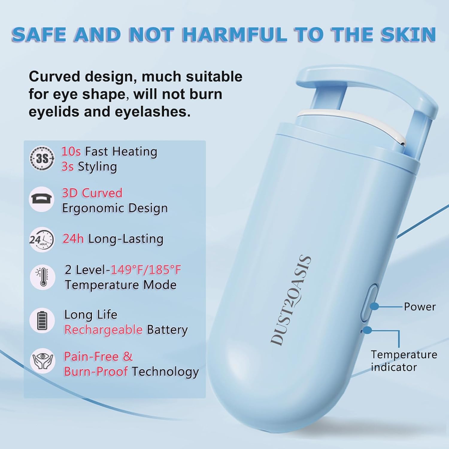 Heated Eyelash Curler - Wide Open Dual-Arc Design Heated Lash Curler - Electric Eyelash Curler - Type-C Rechargeable Mini Lash Curler Natural Curling 24H Long Lasting for Women - Blue-FemmiqueWomen