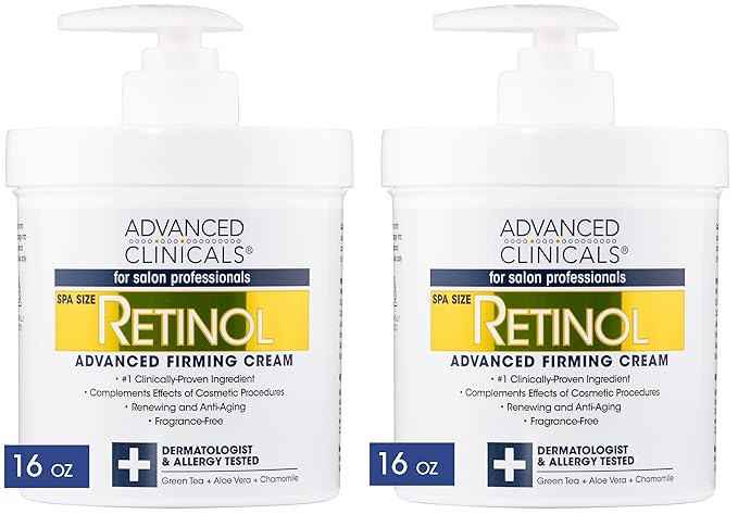 Advanced Clinicals Retinol Cream Face Moisturizer | Crepey Skin Care Treatment | Fragrance Free Body Lotion Targets Look Of Crepe Skin, Wrinkles, & Sagging Skin, 16 Oz (2-Pack)-FemmiqueWomen