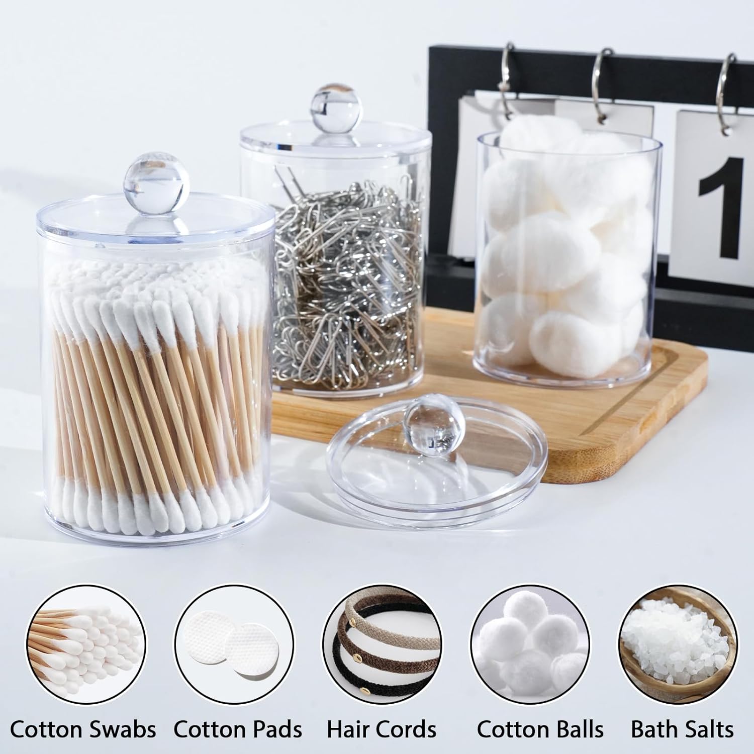 2 Pack Qtip Holder,Canister Apothecary Jar Set, Bathroom Jars with Lids Set for Cotton Swabs, Balls, Pads, Floss Picks,10oz-12oz Plastic Canisters Restroom Bedroom Vanity Organizer(Clear)-FemmiqueWomen