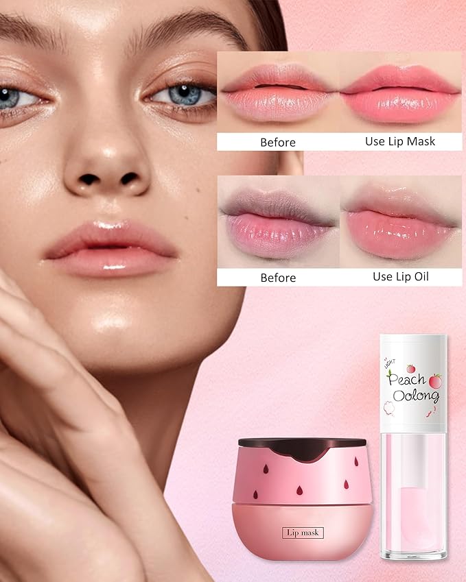 2PCS Strawberry Lip Balm Honey Pot Lip Mask & Hydrating Lip Glowy Oil Lip Care Set, Lip Moisturizing Treatment Nourishing Lip Gloss, Reduce Lip Line & Plump Dry Cracked Lip Scrub Exfoliator -Set B-FemmiqueWomen