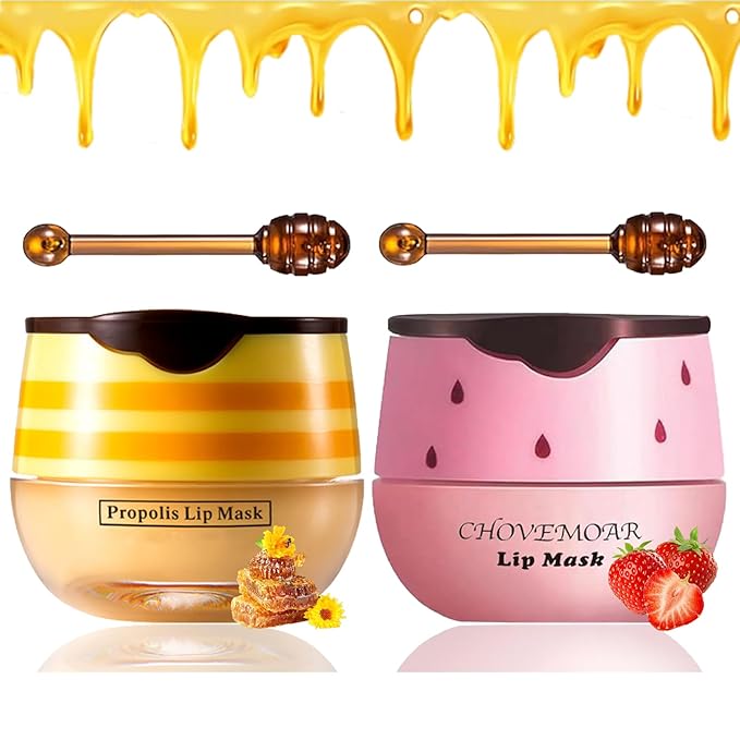 2 PCS Bee Lip Balm Honey Pot, Honey & Strawberry Lip Mask Vitamin E & Moisturizing Propolis Sleeping Lip Mask Prevention Dry and Cracked Lip Scrubs Exfoliator, Christmas Gifts-FemmiqueWomen