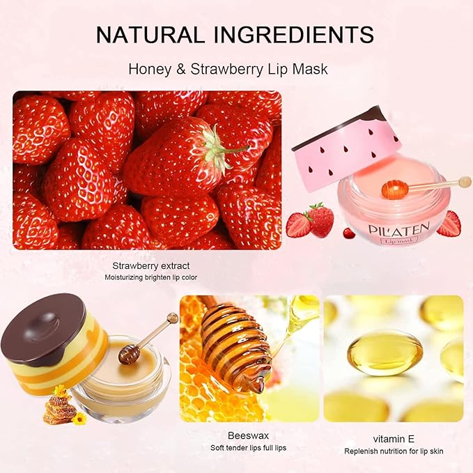 2Pcs Bee Lip Balm Honey Pot, Honey & Strawberry Lip Balm Moisturizing Lip Sleep Mask with Stick Hydrating & Prevention Dry and Cracked Lip Scrubs Exfoliator, Reduces Lip Lines-FemmiqueWomen