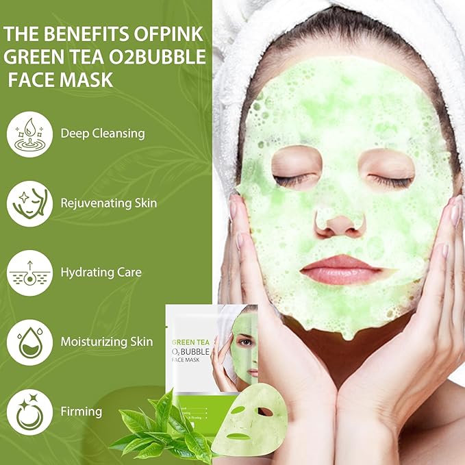 10 Sheets Face Masks Skincare O2 Bubble Green Tea Face Mask, Cleaner Bubble Sheet Masks Foaming Purifying Facial Mask for Pores, Moisturizing Spa Face Masks Skin Care For All Skin Type-FemmiqueWomen