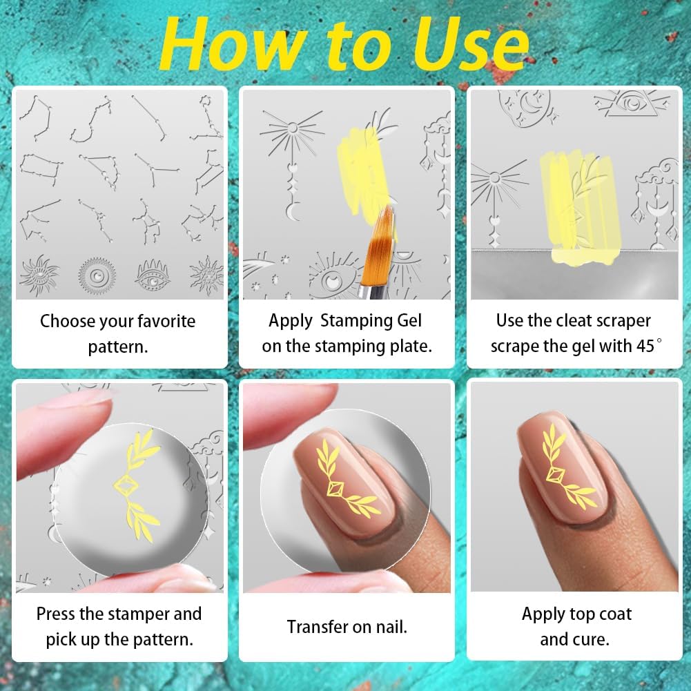 3Pcs Constellation Nail Stamping Plate Set Zodiac Tarot Nail Stamp Templates Sun Moon Stars Stainless Steel DIY Reusable Tools with Stamper Scraper for Manicure Printing-FemmiqueWomen