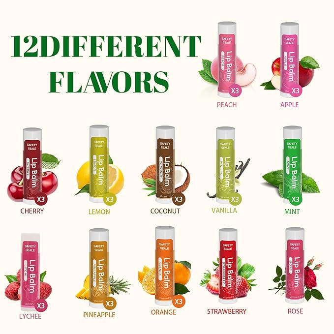 36 Pack Natural Lip Balm Bulk with Vitamin E and Coconut Oil - Moisturizing, Soothing, and Repairing Dry and Chapped Lips - 12 Flavors - Non-GMO-FemmiqueWomen