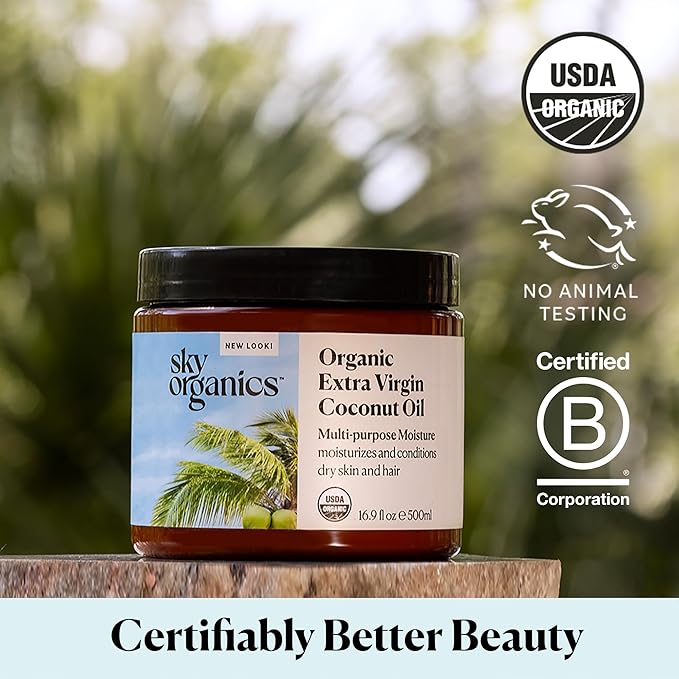 Sky Organics - Organic Coconut Oil for Skin & Hair, 16.9 fl oz - Multipurpose Hair Oil & Body Moisturizer - Vitamins, Antioxidants & Fatty Acids - Vegan, Cruelty Free - Extra Virgin, w ebook-FemmiqueWomen