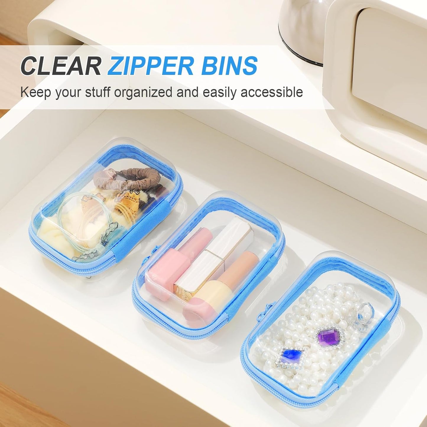 Hoolerry 3 Pcs Clear Hard Zipper Case Plastic Pouch Transparent Hard Case Clear Makeup Bag Portable Travel Organizer Bin for Cosmetics, Building Blocks, Puzzles(Blue,Xs)-FemmiqueWomen