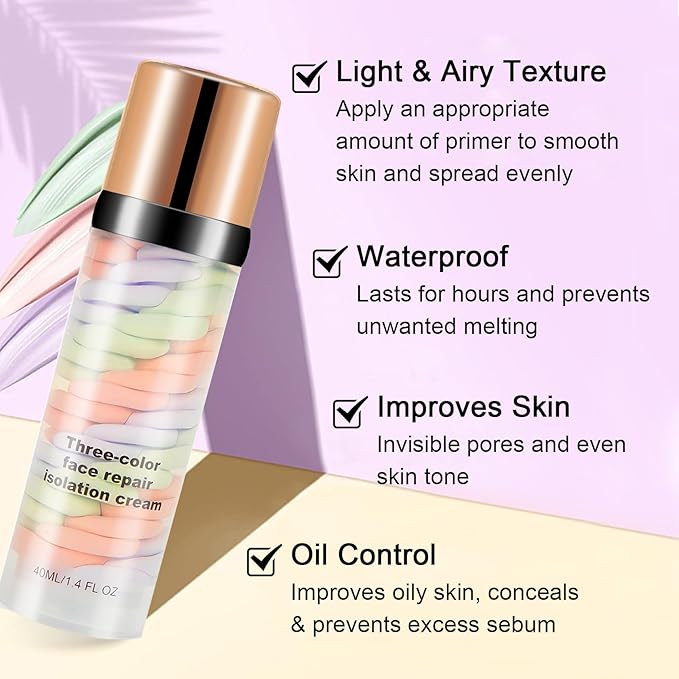 3 In 1 Color Corrector Makeup Primer Color Correcting Primer Cream Tinted Moisturizer Brightening Primer Facial Serum Isolation Cream Neutralizes Skin Tone for Face Before Makeup Base Cream-FemmiqueWomen