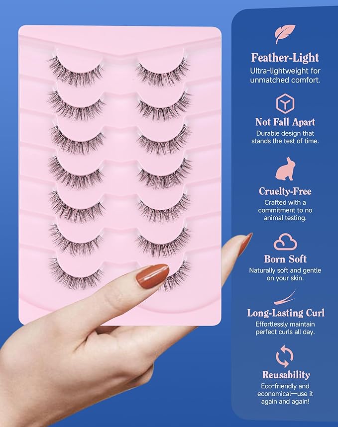 Clear Band Lashes Short Everyday Wispy False Eyelashes Natural Look Flared Strip Eyelash Small Lash Soft Fluffy Pack 7 Pairs SF-06-FemmiqueWomen