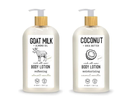 Skin Verse Body Lotion, Goat Milk, Almond Oil Body Lotion, Softening, Almond Vanilla, Coconut, Shea Butter Body Lotion, Moisturizing, Coconut Vanilla, 28 fl. oz. | Home and Body Co-FemmiqueWomen