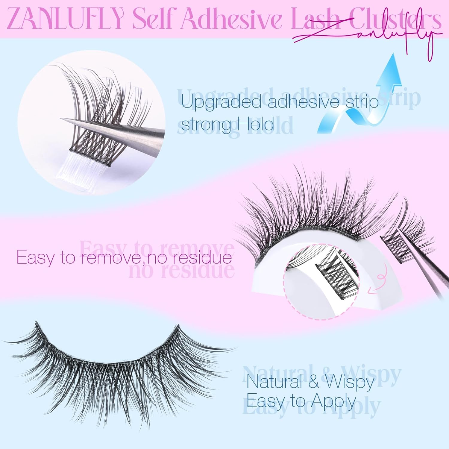 Self Adhesive Eyelashes Natural Self Adhesive Lash Clusters Pre glued Eyelash Clusters zanlufly No Glue Needed Lashes Wispy C-curly Cluster Eyelash extensions 10-16MM Individual Lashes-FemmiqueWomen