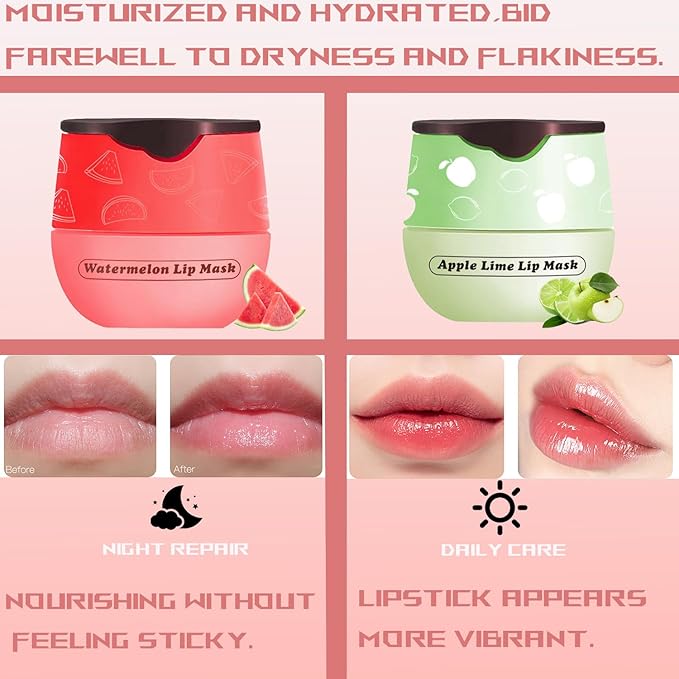2 PCS Bee Lip Balm Honey Pot, Watermelon Apple Bee Lip Balm Sleeping Lip Mask Overnight with Sticks, Honey Pot Lip Balm Hydrating Exfoliating Prevention Dry and Crack Lip Scrubs-FemmiqueWomen