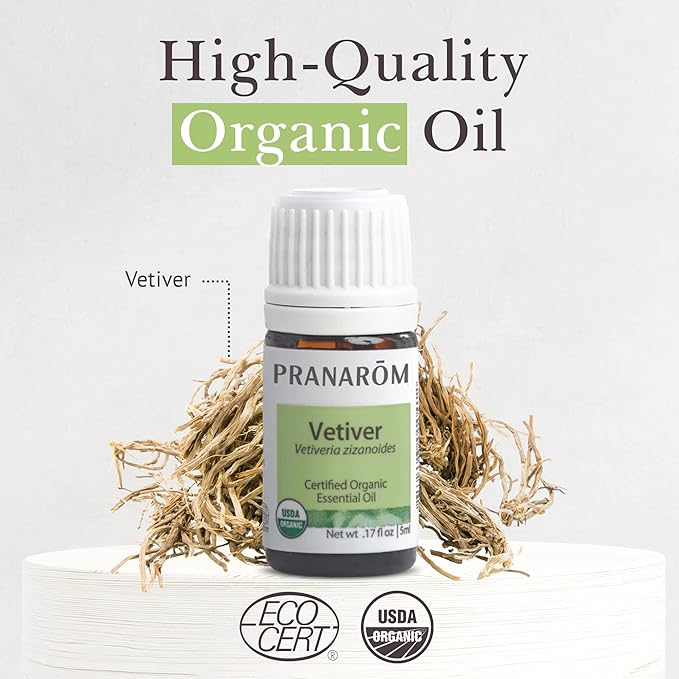 Pranarom USDA Certified Organic Vetiver Essential Oil (5ml), 100% Pure Undiluted Therapeutic Grade from Haiti & Madagascar for Aromatherapy, Diffuser, Calming, Relaxation, DIY, Massage Oil-FemmiqueWomen