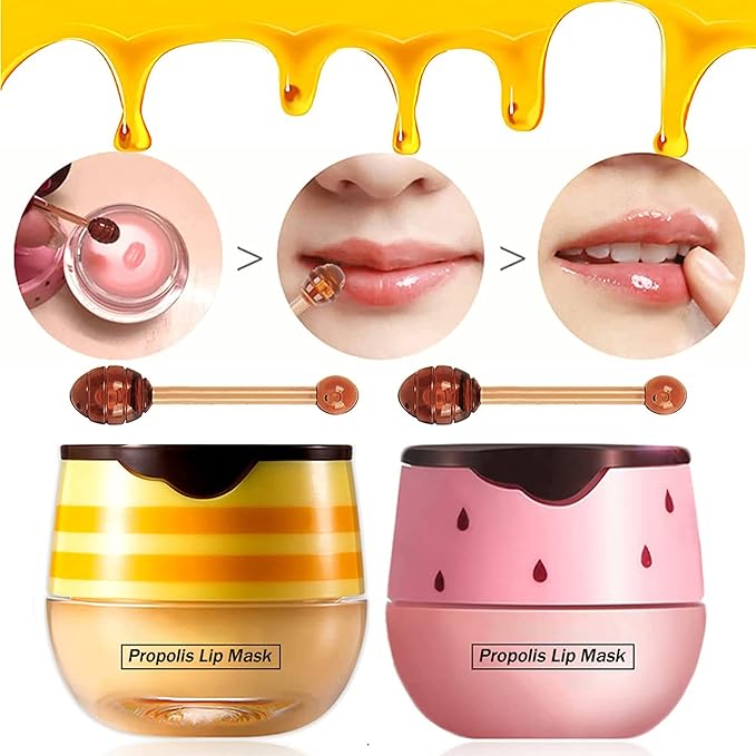 2 Pack Nourishing Lip Balm Honey Pot, Moisturizing Honey & Strawberry Propolis Lip Mask, Hydrating & Prevention Dry and Cracked Lip Scrubs Exfoliator Lip Sleeping Mask Reduces Lip Lines-FemmiqueWomen