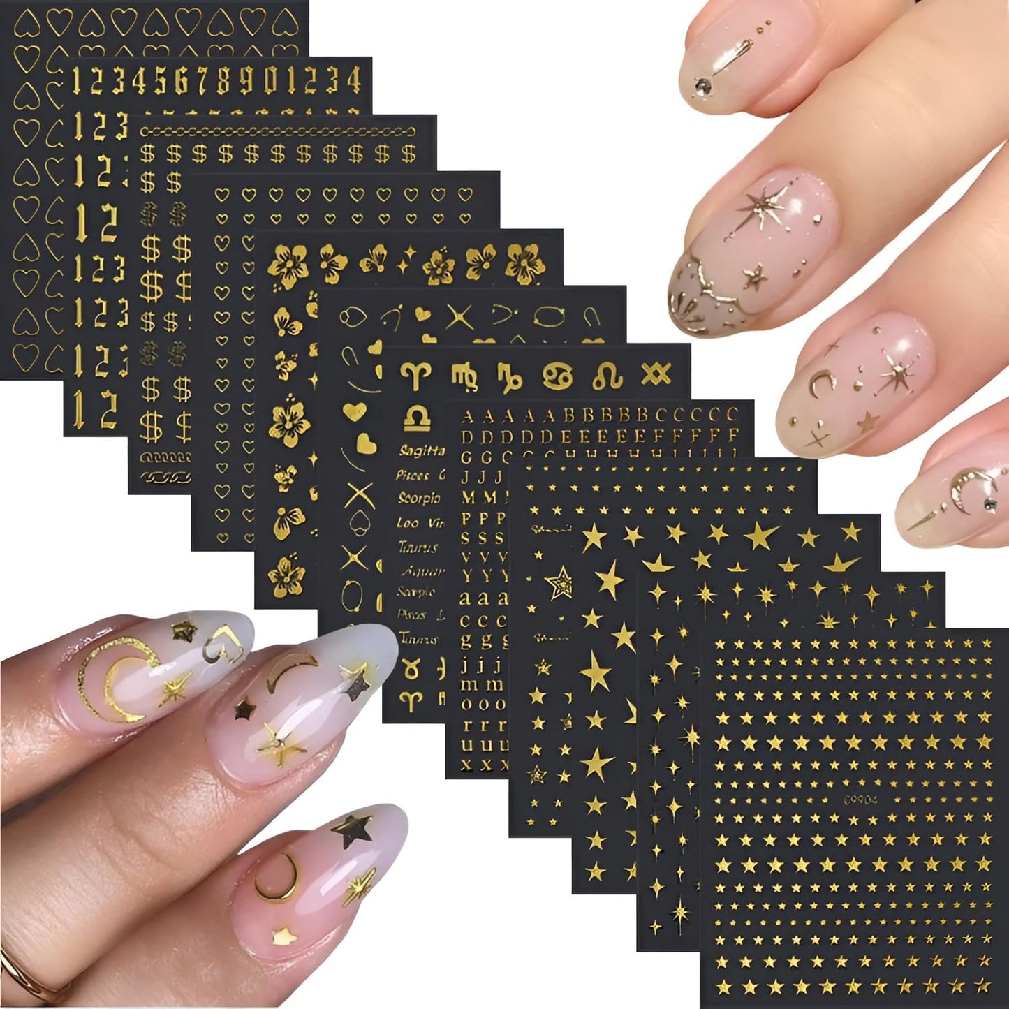 12 Sheets Gold Nail Art Stickers Decals 3D Self Adhesive Letter Heart Nail Decals,Flower Star Nail Stickers,Gold Nail Stickers for Nail Art,Nails Supplies for Women Girls-FemmiqueWomen