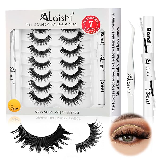 False Eyelashes Kit With Bond, Seal and Tweezer, 7 Pairs Fluffy Natural Look Fake Cat Eye Lashes Strips Thin Band Extensions Waterproof Easy Eyelashes for Beginners DF64-FemmiqueWomen