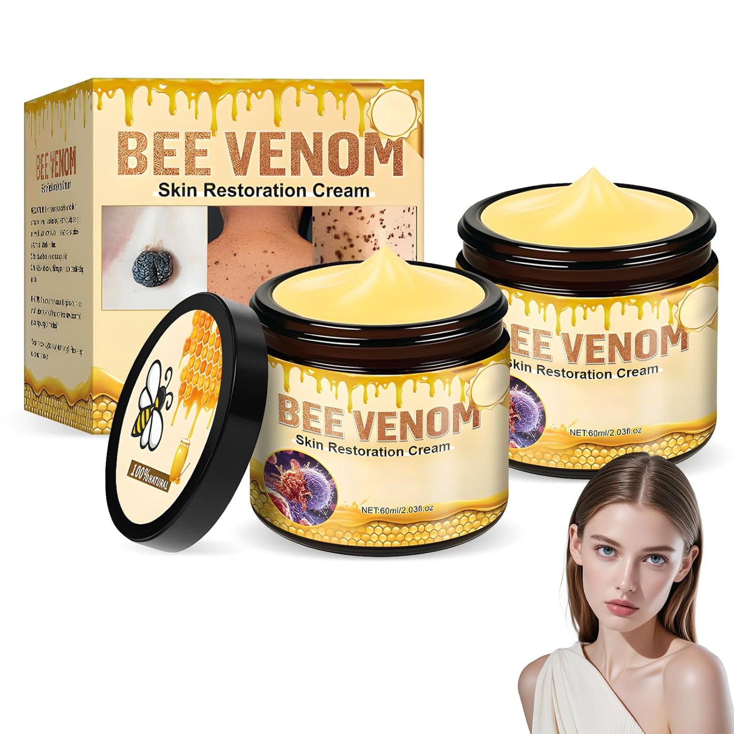 2PCS Bee Venom Skin Restoration Cream, Bee Venom Treatment Cream, Skin Treatment for Firming, Wrinkle Reduction & Moisturizing, Suitable for All Skin Types-FemmiqueWomen