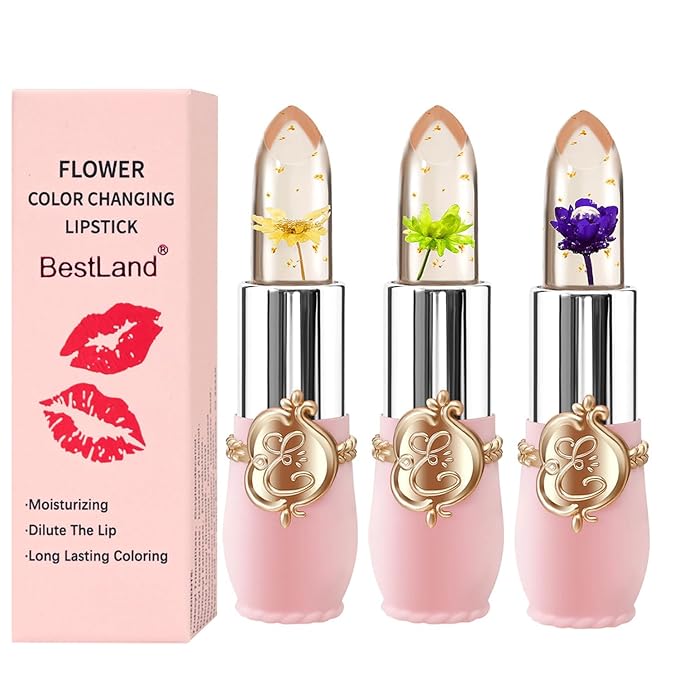 3 Pcs/Set Flower Jelly Lipstick Set Temperature Change Moisturizer Long Lasting Nutritious Balm Magic Color Change Lip Gloss (Flower Jelly Lipstick 040506)-FemmiqueWomen