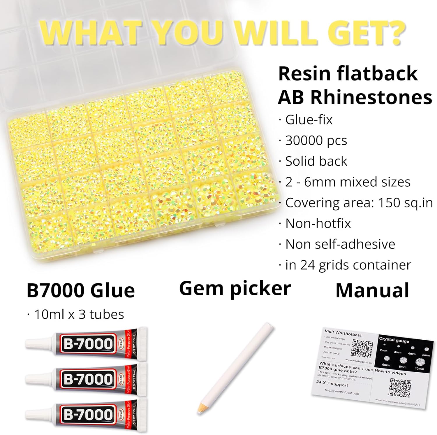30000Pcs Resin Jelly Rhinestones Set for Crafting Bedazzling, Yellow AB Flatback Gems Jewels for Crafts Clothes Shoes Fabric Outfit Nails Makeup, Flat Back Crystal 2-6mm with b 7000 Glue-FemmiqueWomen