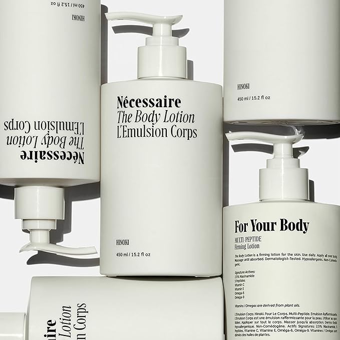 Nécessaire The Body Lotion with Pump. Hinoki. Multi-Peptide Firming Lotion to Moisturize, Firm, Strengthen. 2.5% Niacinamide, Vitamin C/E + Omega 6/9. 450ml / 15.2 fl oz-FemmiqueWomen