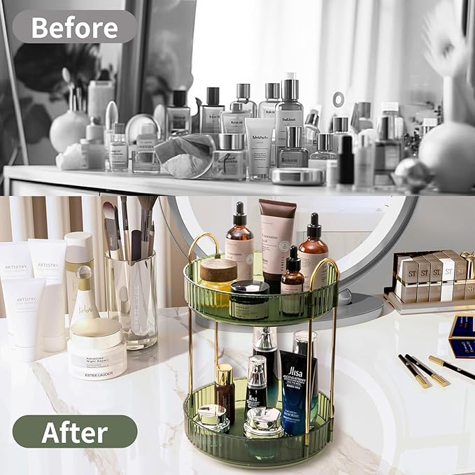 360 Rotating Makeup Organizer for Vanity,2 Tier Large Capacity Skincare Organizers,Bathroom Counter Organizer, Spinning Perfume Organizer & Vanity Organizer (Green-2 Tier)-FemmiqueWomen