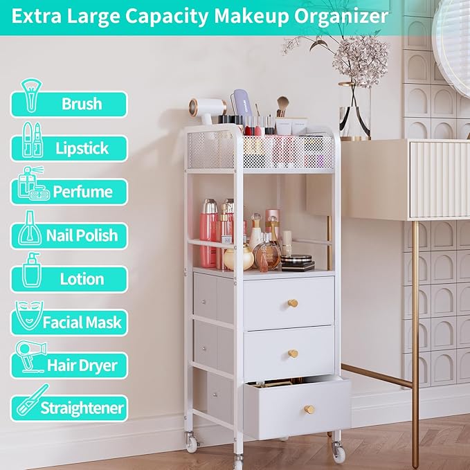 HapiRm Rolling Makeup Cart Organizer - Floor Skincare Make Up Storage with 3 Drawers, Vanity Organizer Cosmetic Display Cases Holder for Skin Care Perfume Nail Polish Brush Hair Tool, White-FemmiqueWomen