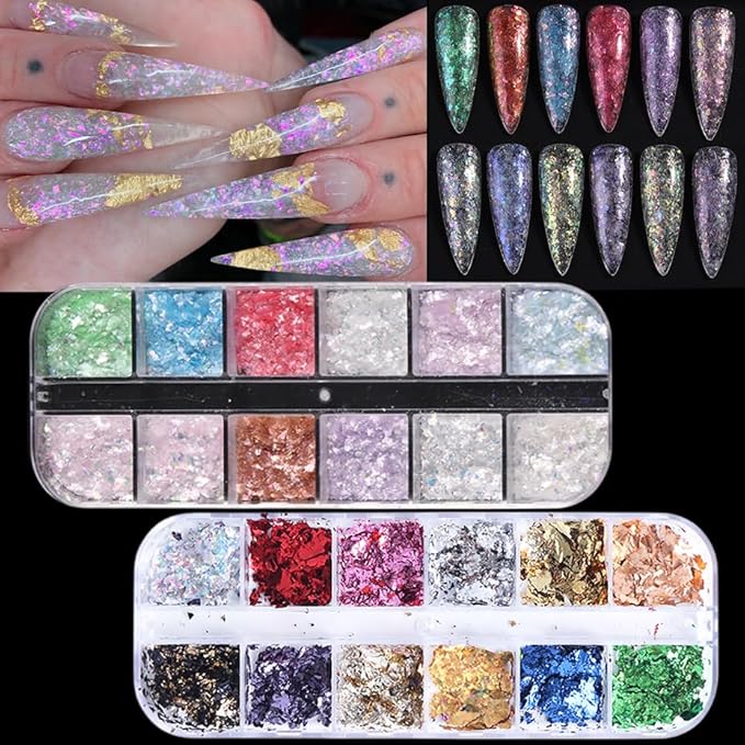 24Grid Aurora Opal Iridescent Nails Mermaid Flake Powder,Holographic Metal Color Gold Silver Confetti Nail Art Foil Paillettes,Irregular Glitter Sparkly Sequin Design for Manicure Decoration-FemmiqueWomen