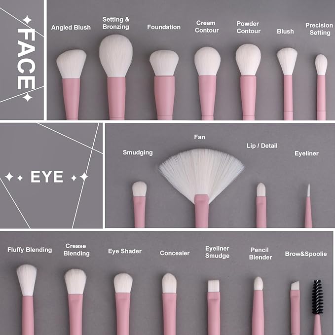 LORYP Makeup Brushes Set Labeled 18 Piece Face and Eye Brush Set Ultra soft hair Foundation, Concealer, Blush, Contour, Blending, Eyeshadow Pink Brush kit-FemmiqueWomen