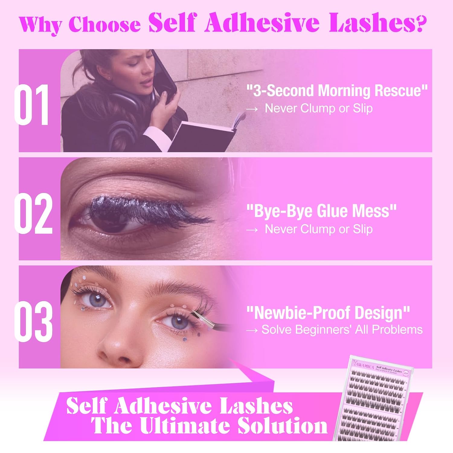 Yawamica Self Adhesive Eyelashes Wispy Lash Clusters No Glue Needed DIY Lash Extension 8-16mm Pre-Glued Eyelash Clusters Reusable Press on Lashes Natural C Curl Individual Lashes DIY Lash for Beginner-FemmiqueWomen