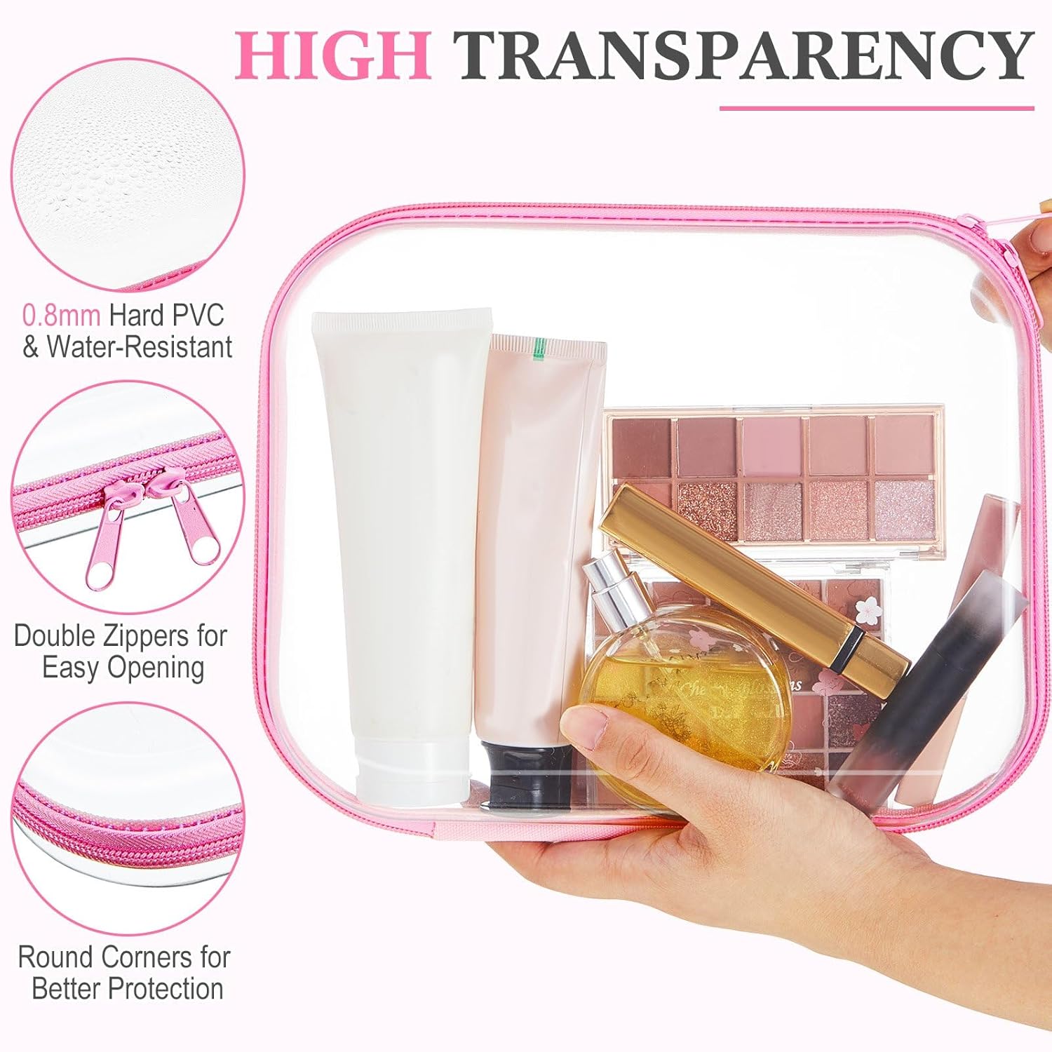 Hoolerry 3 Pcs Clear Hard Zipper Case Plastic Pouch Transparent Hard Case Clear Makeup Bag Portable Travel Organizer Bin for Cosmetics, Building Blocks, Puzzles(Pink,M)-FemmiqueWomen