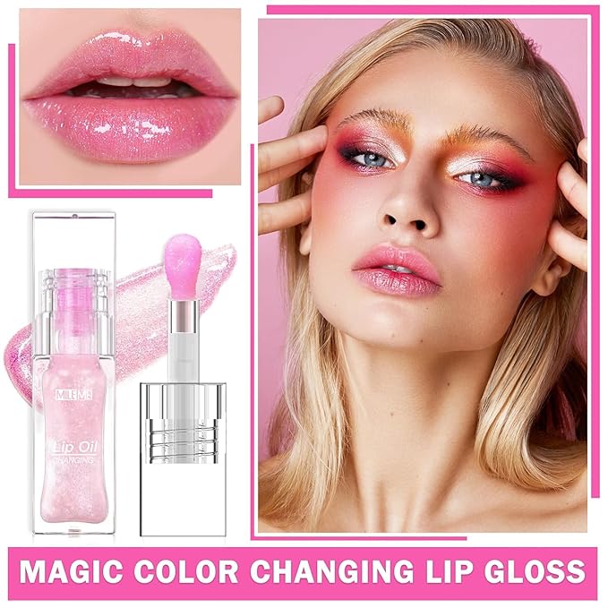 2PCS/Set MILEMEI Color Changing Lip Oil Magic Moisturizing, Big Brush Plumping Lip Oil, Plumping Glimmer Glow-FemmiqueWomen
