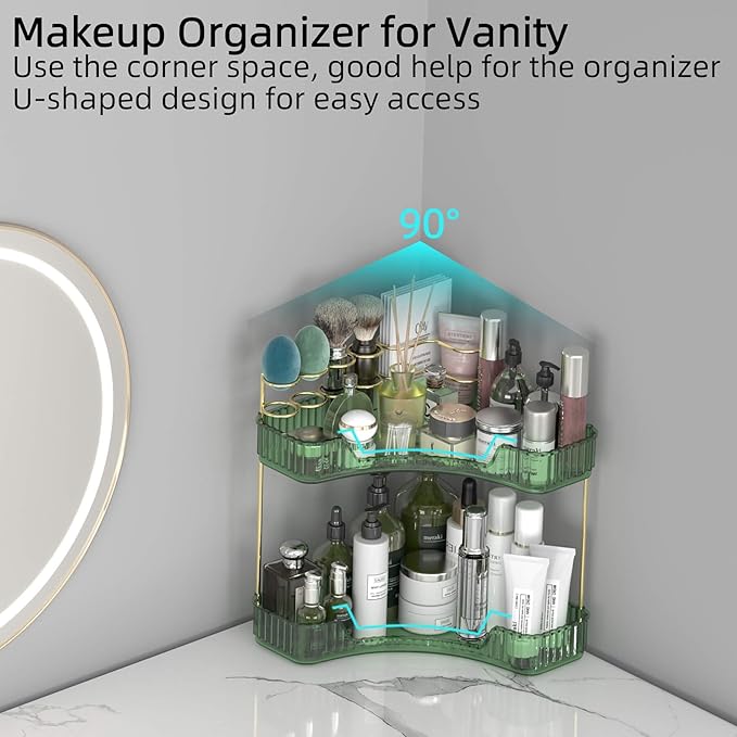 2 Tier Corner Bathroom Organizer Countertop, Vanity Makeup Organizer with Brush Holder, Space-Saving Skincare Storage Corner Shelf for Bathroom, Dressing Table, Kitchen-FemmiqueWomen