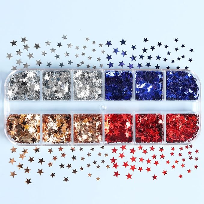 12 Grid July 4th Nail Art Glitter Sequins Independence Day Star Nail Decal Gold Glitter Flakes for Women-FemmiqueWomen